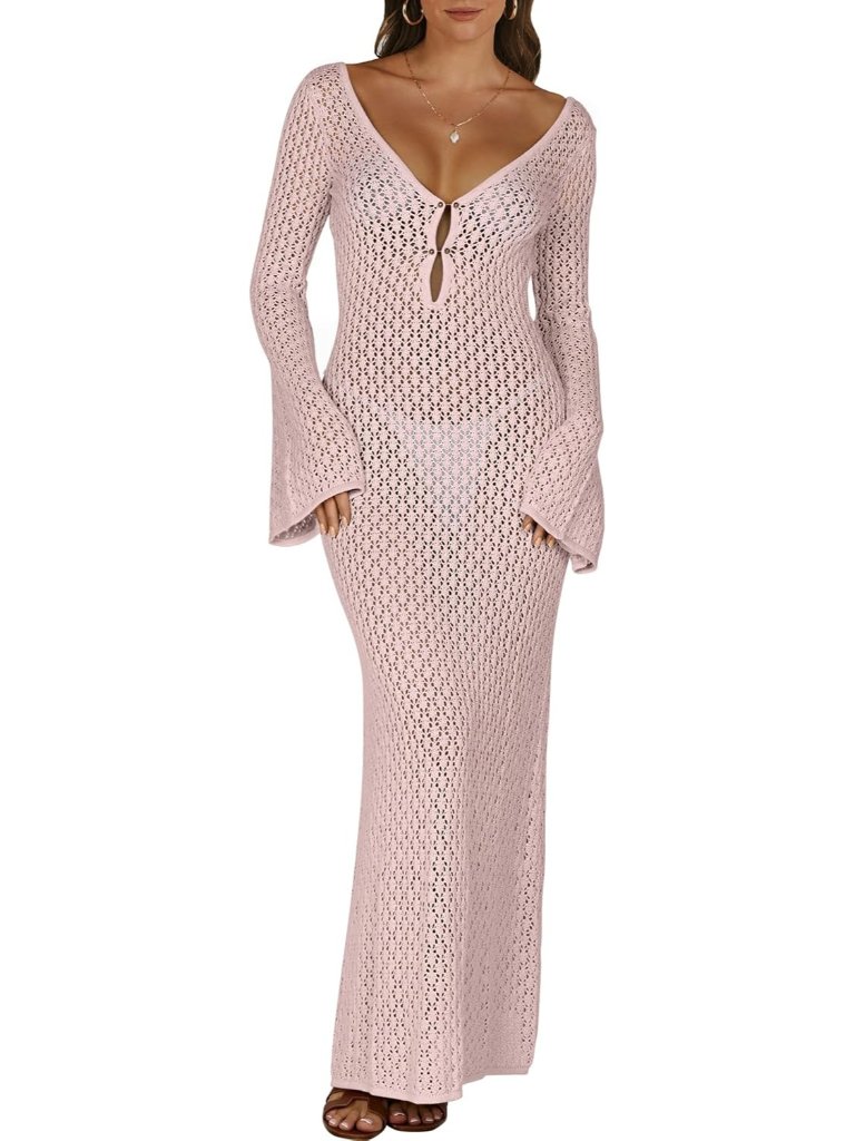 Women's Light Pink Swimsuit Crochet Cover Up Knit Bathing Suit Vacation Clothes